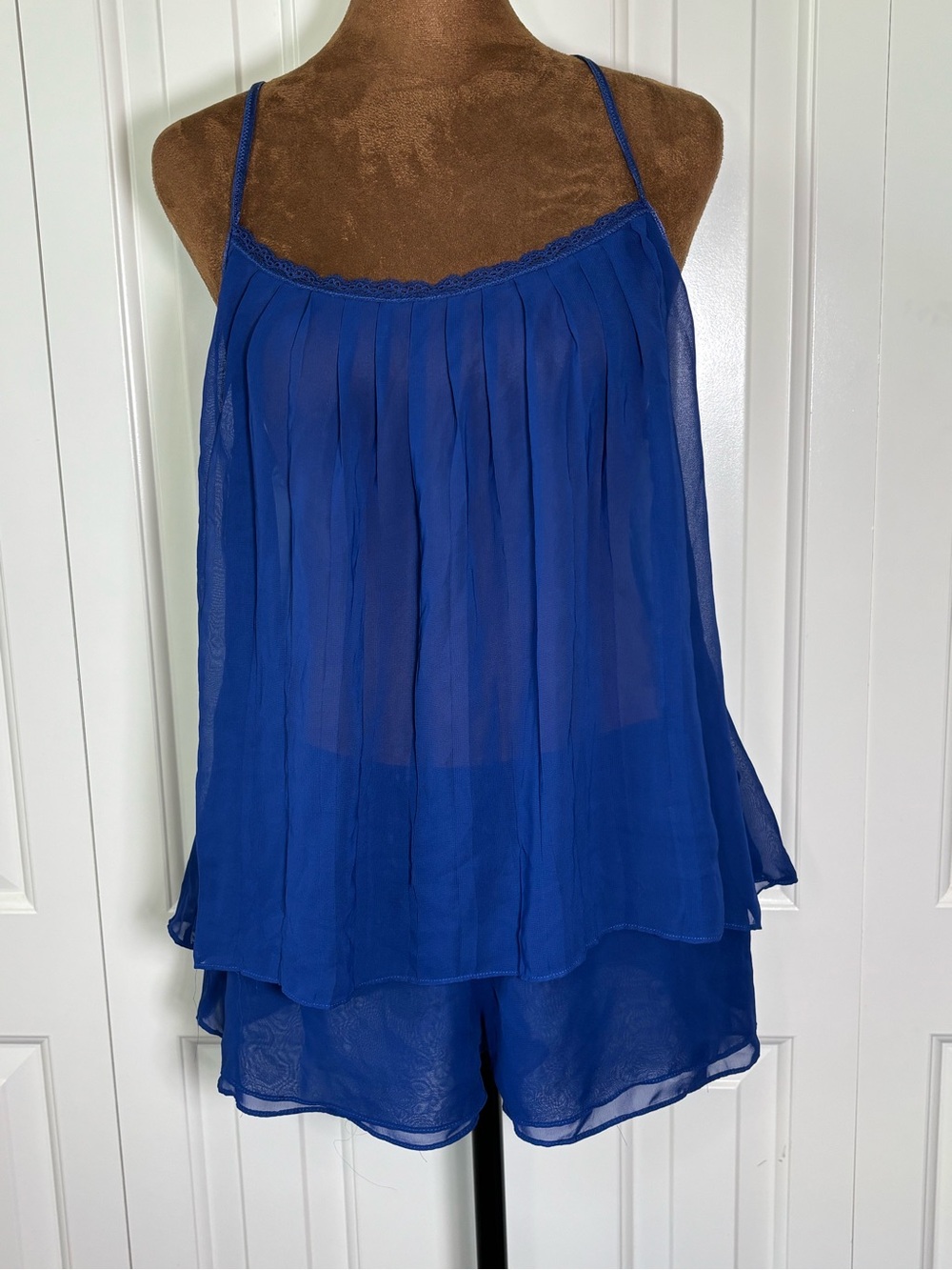 In Bloom by Jonquil Royal Blue Sheer Pleated Chiffon Cami & Shorts Sleep Set M